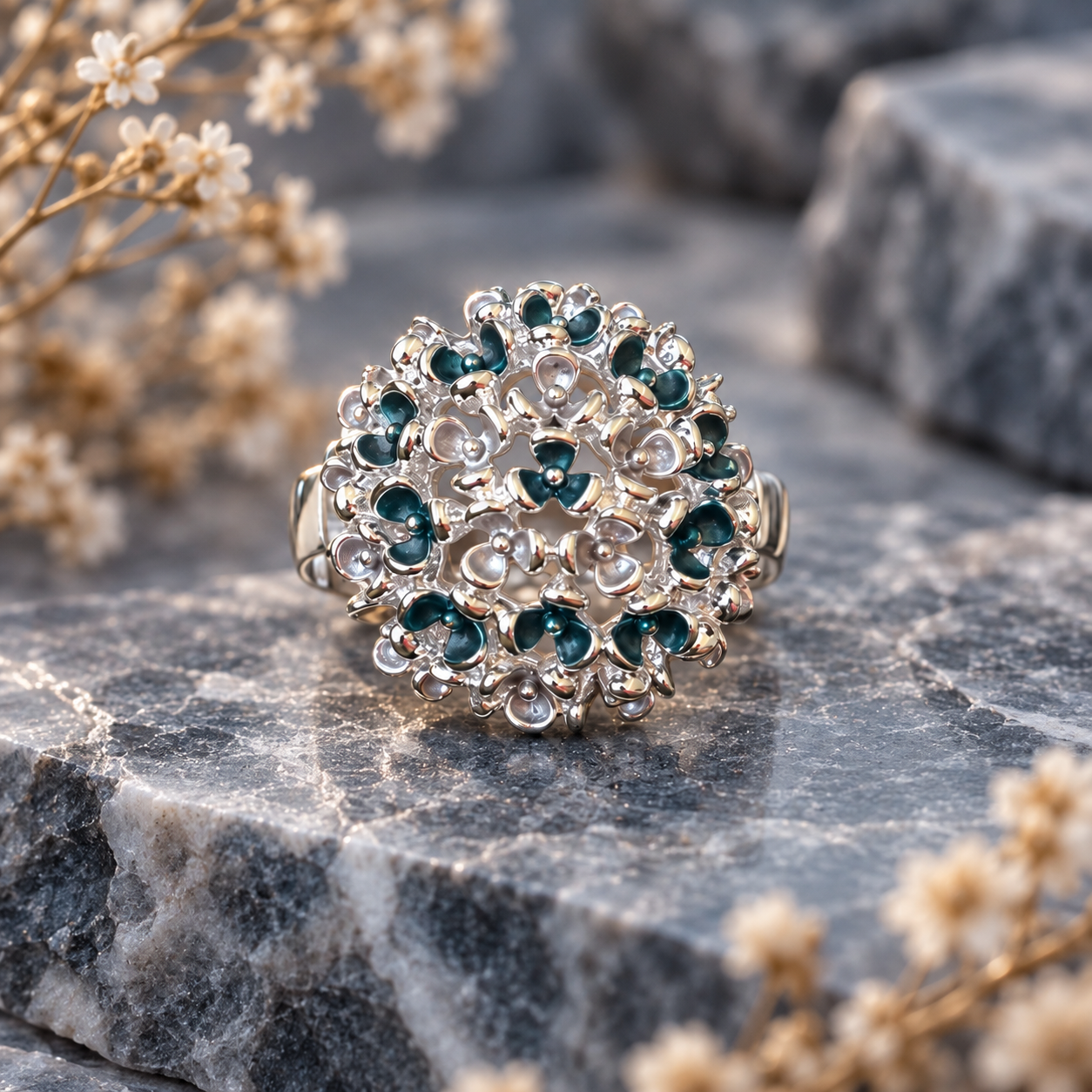 Close up of Constellation Orb adjustable statement ring with teal sparkling accents on gray stone