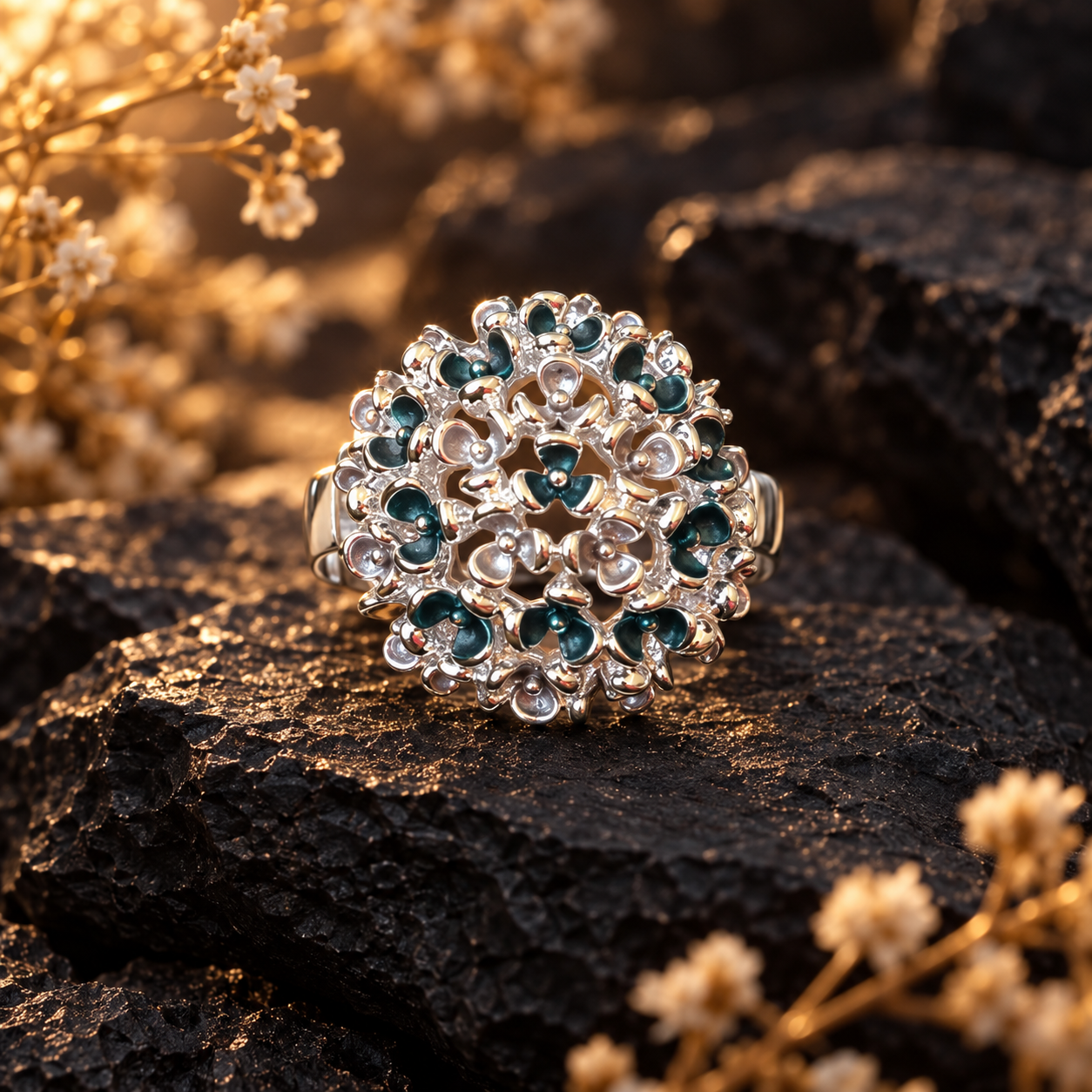 Custom Color Constellation Orb adjustable statement ring with silver openwork design and teal sparkling accents on dark stone

