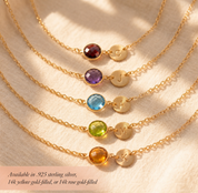 Personalized birthstone bracelets with colorful gemstones and round initial charms
