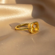 Faceted cushion citrine ring in warm gold setting, November birthstone ring handcrafted in gold vermeil, minimalist yellow gemstone jewelry gift for women.