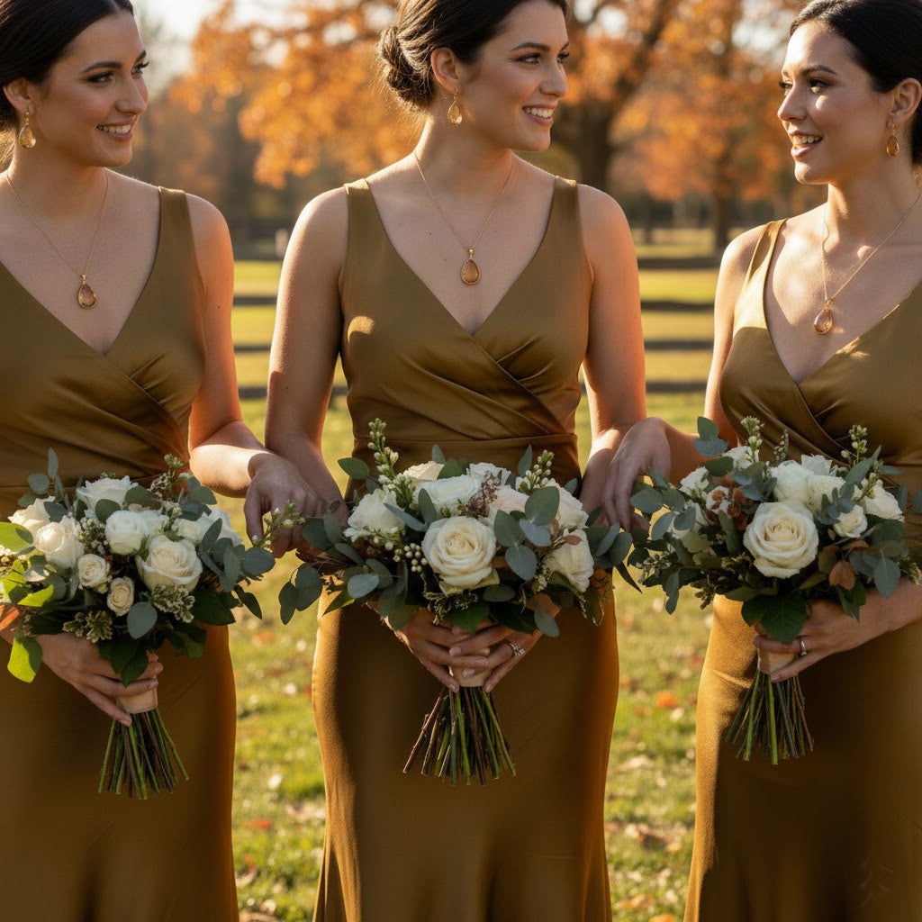 Bridesmaids wearing citrine pendant necklaces in warm fall tones, golden-yellow gemstones as November birthstone accessories, coordinated layered jewelry for wedding or group gifts.