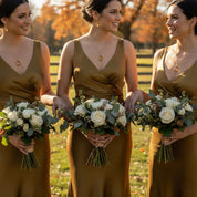 Bridesmaids wearing citrine pendant necklaces in warm fall tones, golden-yellow gemstones as November birthstone accessories, coordinated layered jewelry for wedding or group gifts.