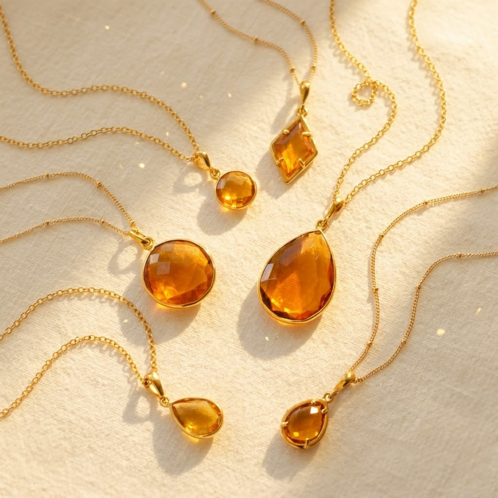 Shop our citrine necklace collection available in large, medium and small teardrops, prong set teardrop, prong set diamond, large and medium rounds on white background. Choose from satellite or cable chain. November birthstone. White background
