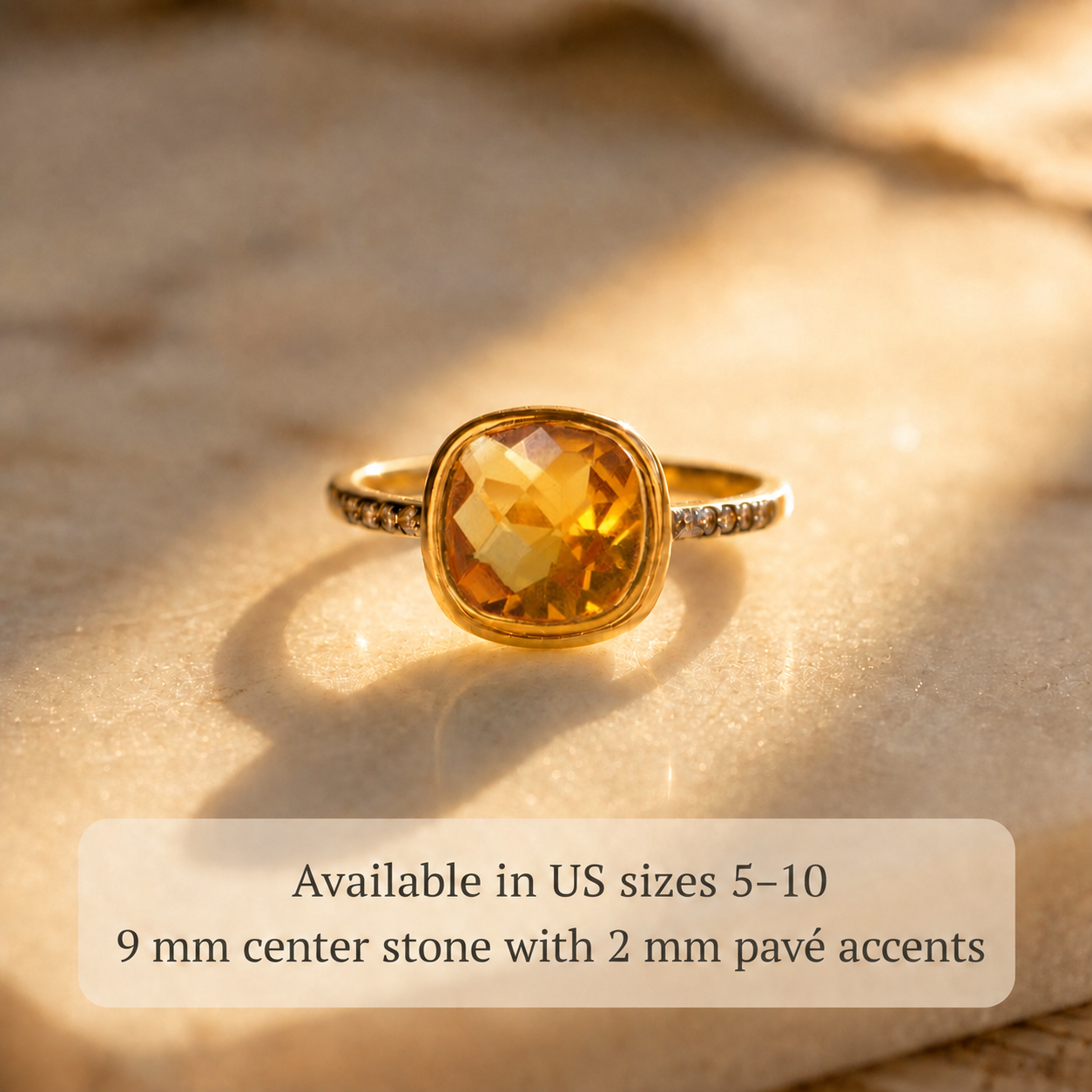 Citrine ring sizing graphic showing 9mm center stone and 2mm pavé accents