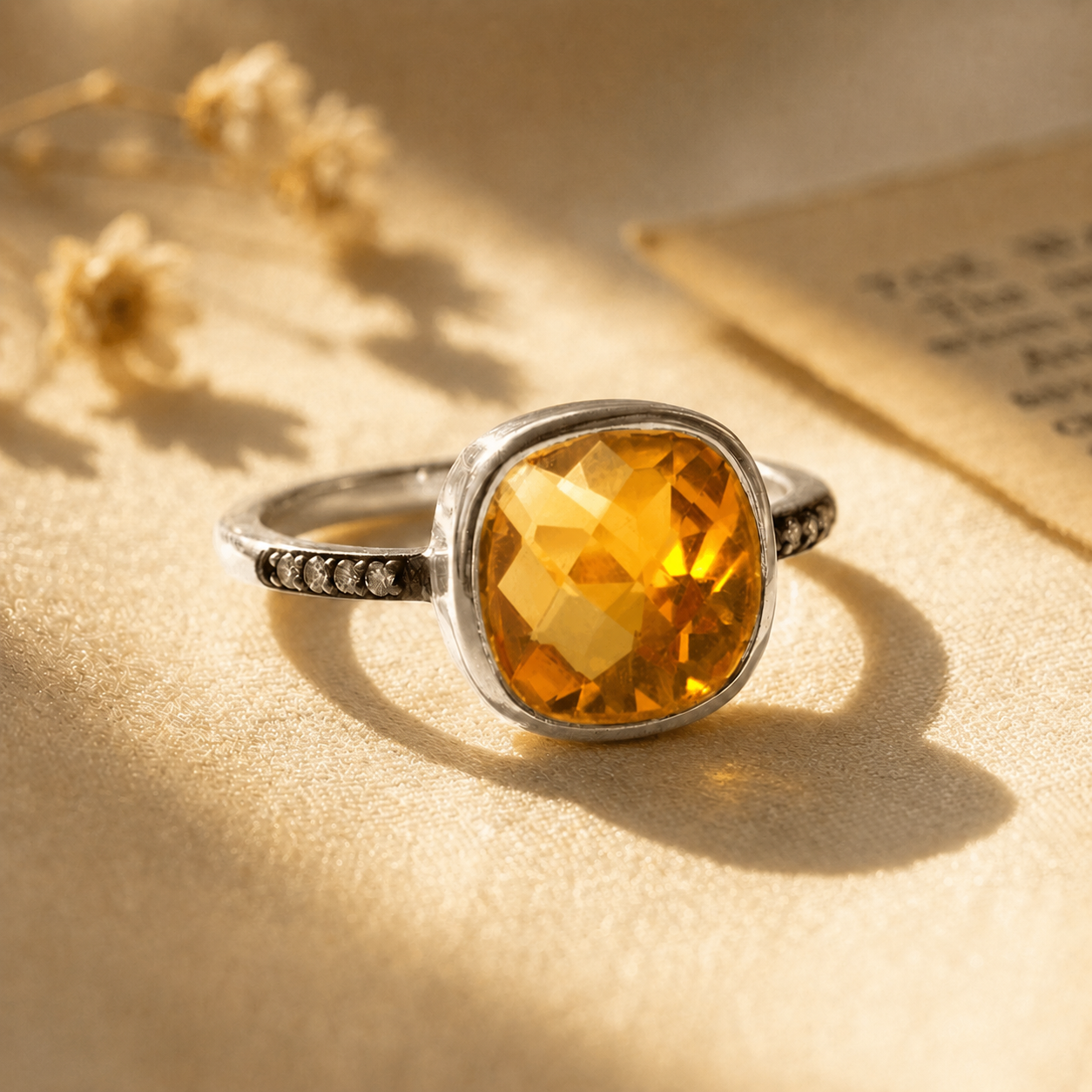 Natural cushion-cut citrine ring with white topaz pavé accents in sterling silver