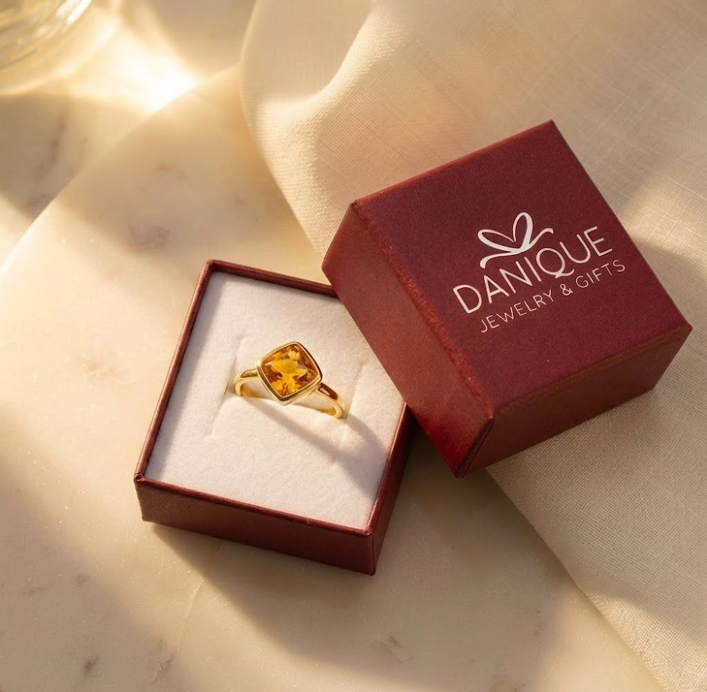 Citrine November birthstone ring presented in a Danique Jewelry gift box