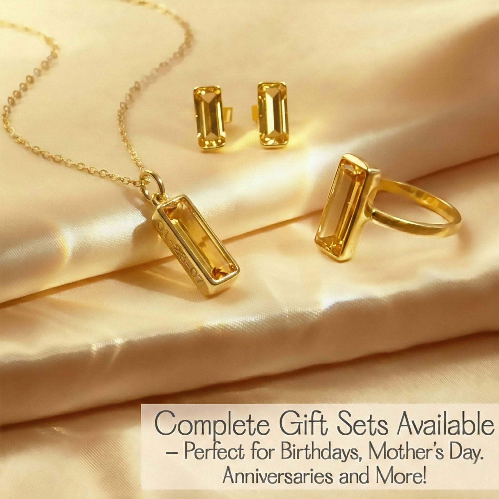 Custom engraved citrine baguette necklace with matching gift sets, personalized birthstone jewelry gift for mom