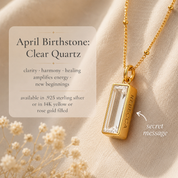 April Birthstone: Clear Quartz vertical pendant showing optional engraving on the left, right, or both sides.