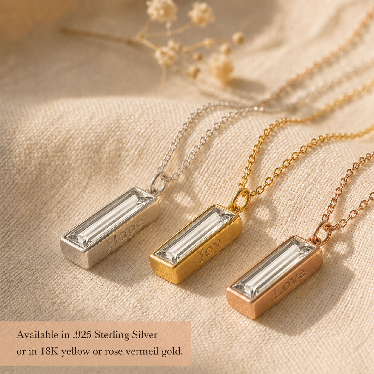 Clear quartz bar necklaces displayed in sterling silver, yellow gold, and rose gold finishes.