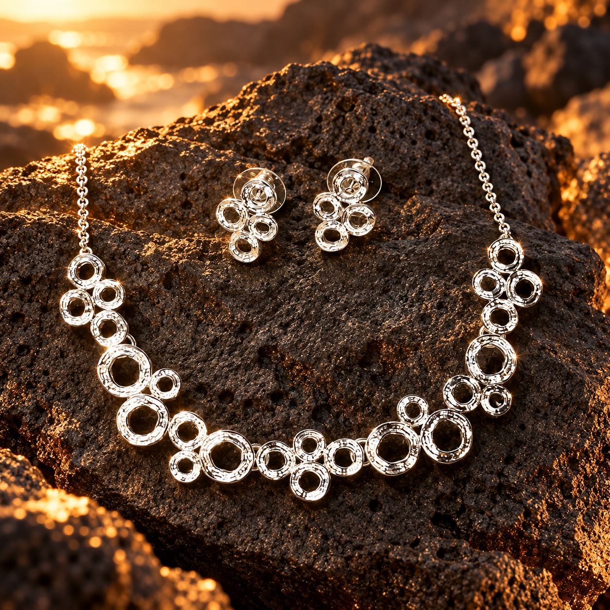 Silver Circles of You necklace and matching connected circle earrings displayed on dark textured stone

