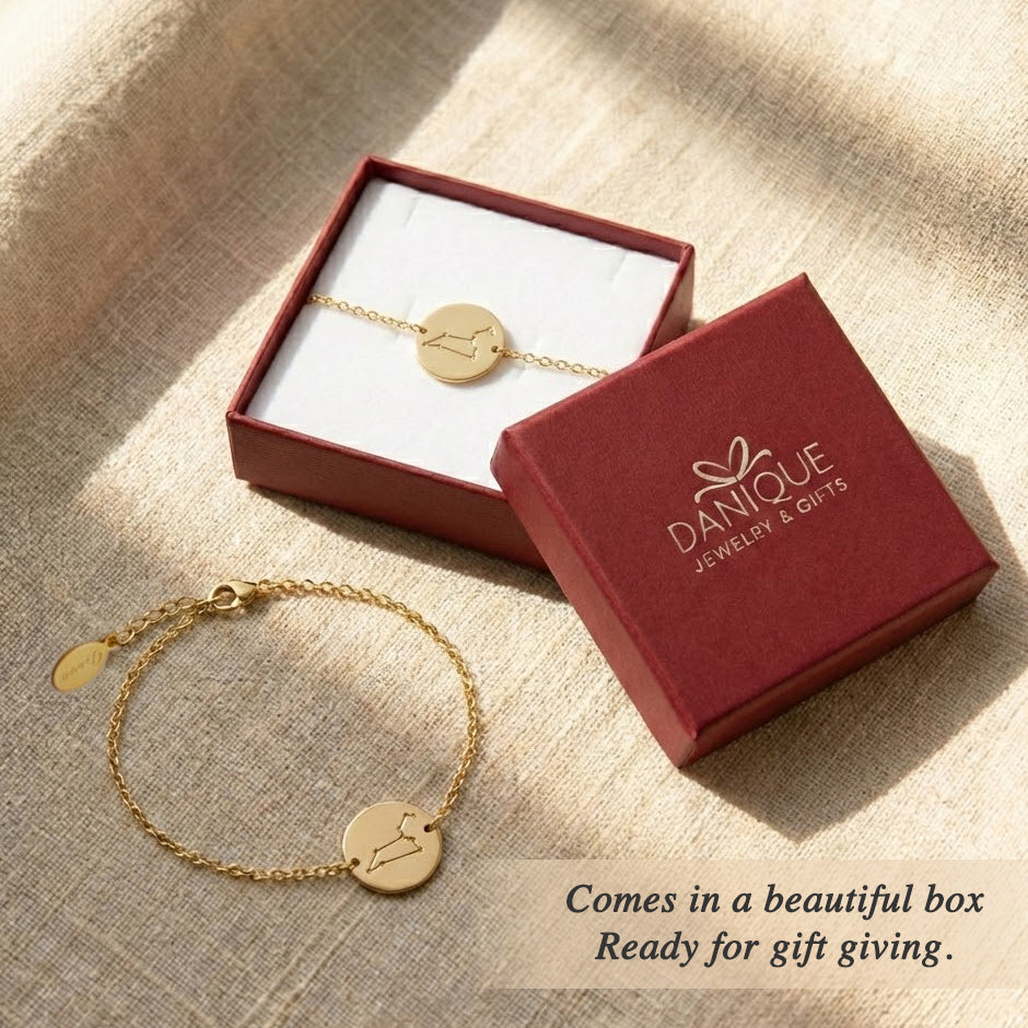 Personalized zodiac constellation bracelet packaged in a signature Danique Jewelry gift box, ideal astrology jewelry gift for Leo, Virgo, Libra, or Scorpio birthdays, anniversaries, and meaningful zodiac presents