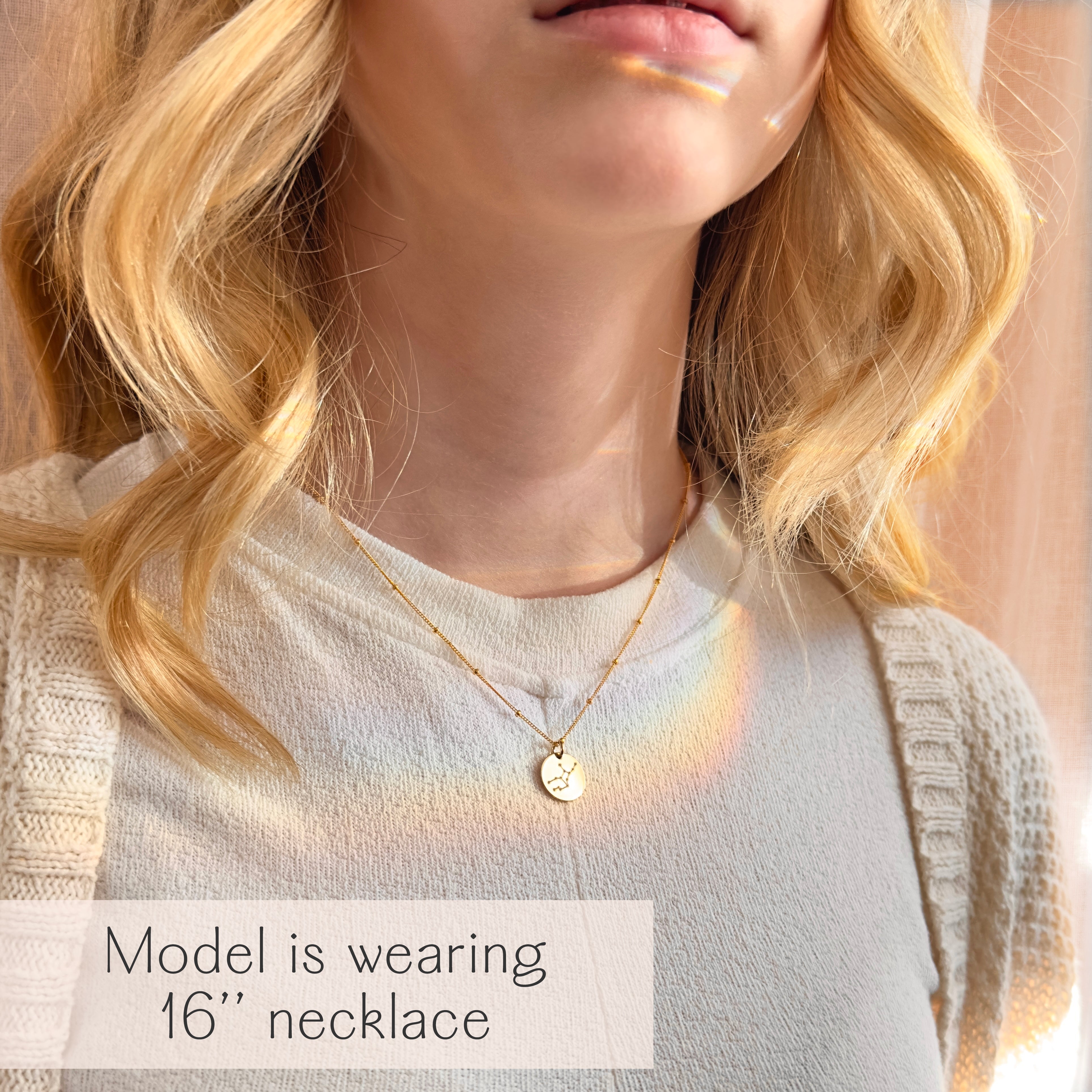 Subtle astrology necklace with engraved constellation disc on gold filled chain, ideal everyday layered necklace. Features Sagittarius (November–December) and Capricorn (December–January) sign ideas, with back-side personalization—names, coordinates, or dates. Handcrafted in the USA in sterling silver, gold filled, or rose gold; adjustable lengths; elegant constellation pendant for birthdays, New Year gifts, or meaningful winter holiday jewelry.