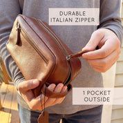 Outside of bag plus one outside pocket, Custom engraved dopp kit, Durable Italian zipper detail on custom engraved men’s leather dopp kit, handcrafted from genuine leather. Ideal personalized toiletry bag for travel, college, or professional use.