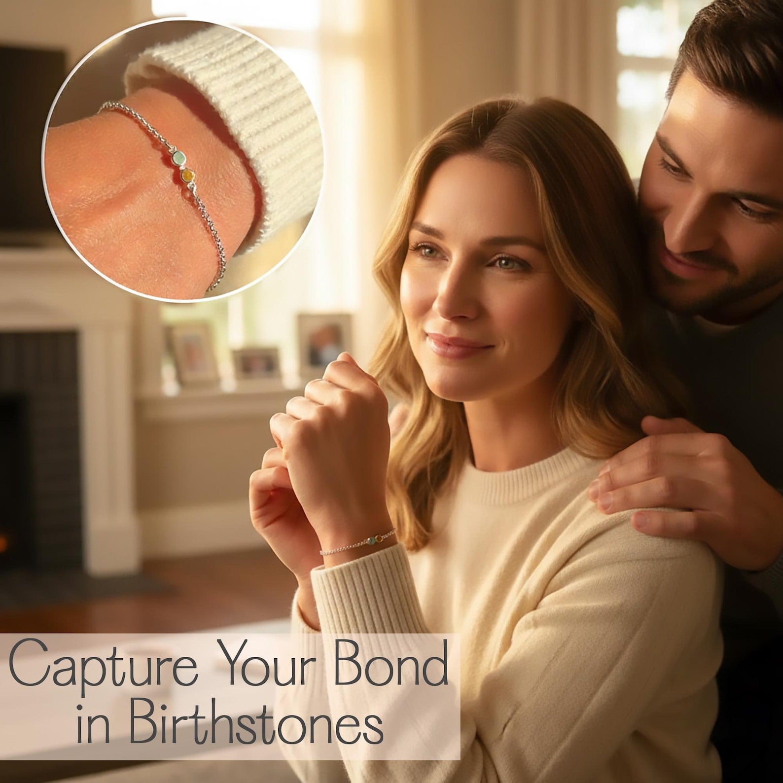 Minimalist custom birthstone bracelet on wrist, delicate personalized mom bracelet with colorful gemstones representing children, dainty family jewelry gift for Mother’s Day or birthday.