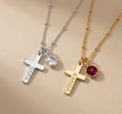 Custom engraved cross necklaces with birthstone charms in silver and gold, personalized Christian jewelry