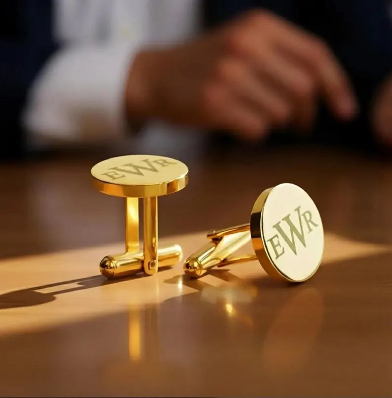 Custom engraved stainless steel cufflinks personalized with initials EWR in a modern monogram style, designed as a timeless wedding accessory for grooms, groomsmen, or formal events, featuring a polished silver finish and secure backing for everyday elegance.