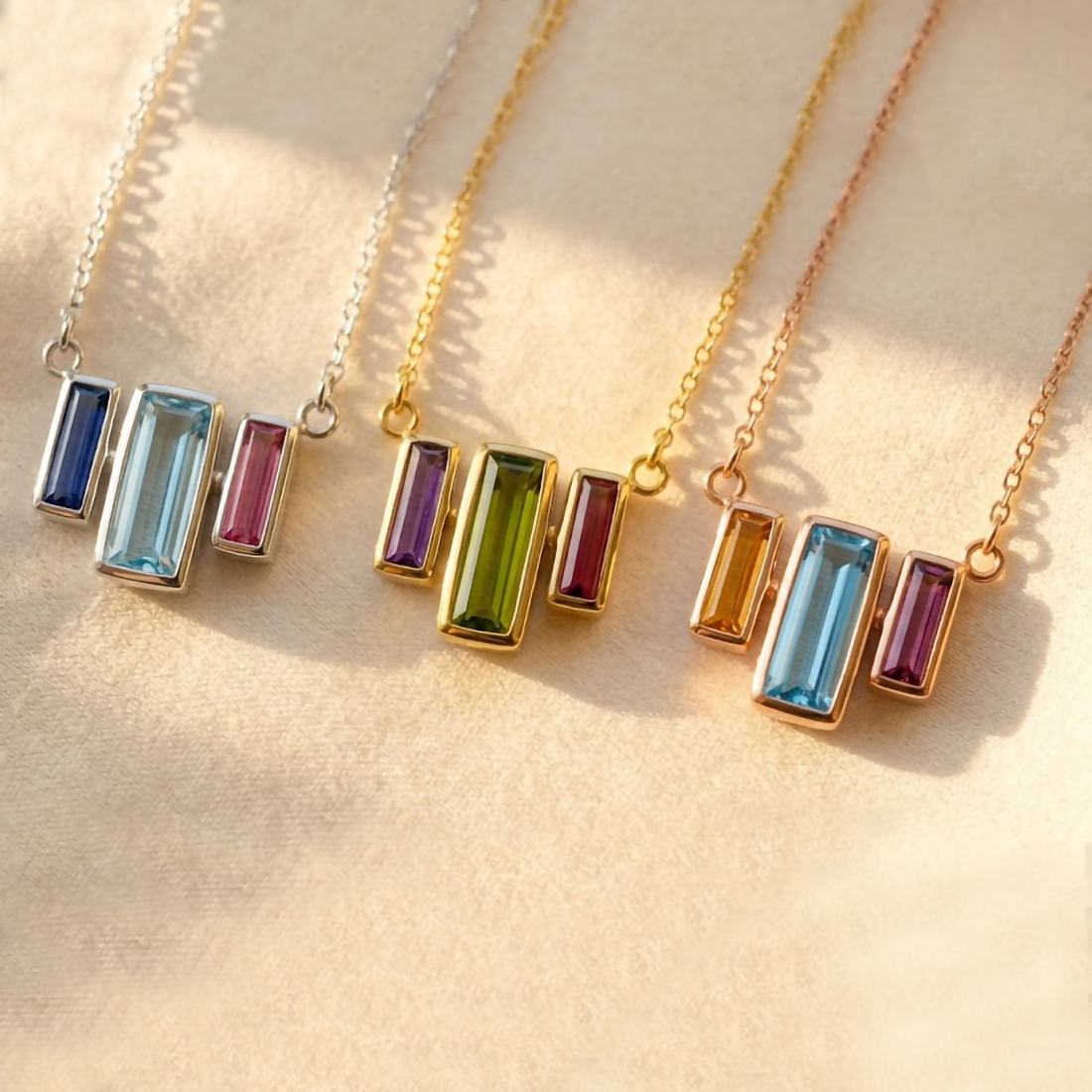 Custom birthstone bar necklace for mom with colorful baguette gemstones