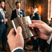 Close-up of a personalized stainless steel flask showing crisp monogram engraving and brushed metal texture, custom flask engraved with initials, elegant gift for groomsmen or best man, durable stainless steel barware accessory, personalized hip flask designed as a timeless keepsake for weddings, birthdays, and father’s day gifting