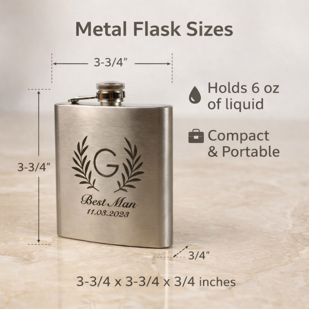 Personalized stainless steel flask shown with size dimensions and capacity details, compact 6 oz hip flask designed for portability, custom engraved flask gift made from durable stainless steel, ideal personalized barware for groomsmen, father’s day, or wedding gifting, sleek engraved flask designed for everyday use and special occasions