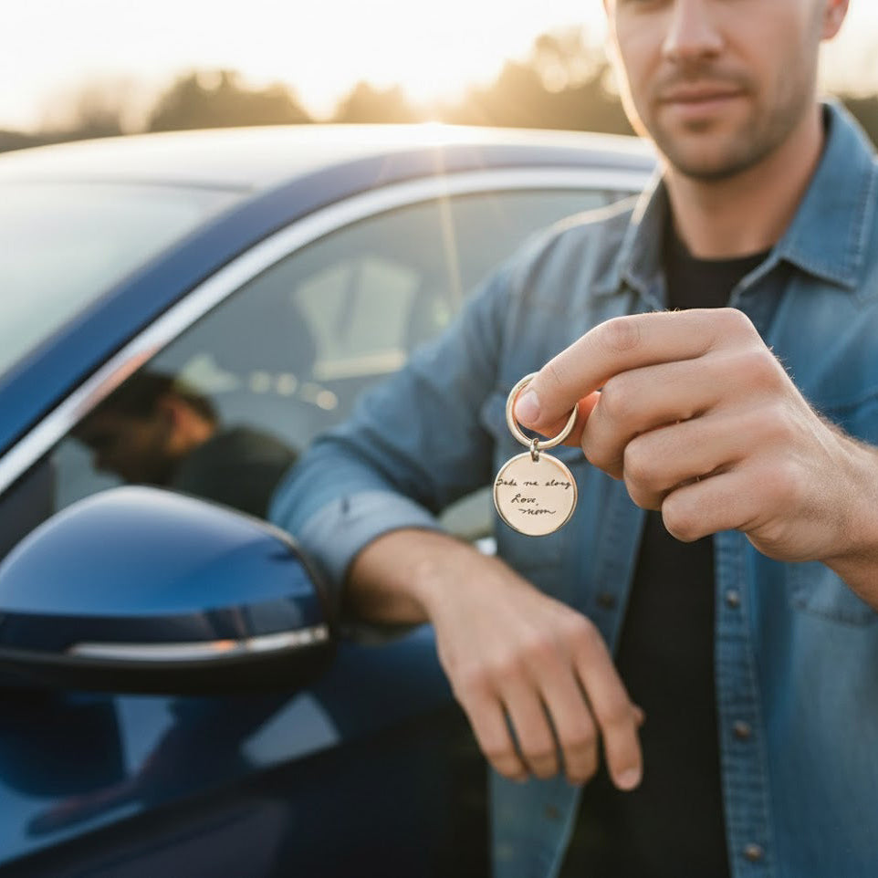 Man holding custom engraved circle keychain outdoors, showing real-life everyday use. Personalized metal keychain engraved with name or message, designed as a practical yet sentimental gift. Ideal Father’s Day keychain gift from kids or family keepsake for dads.