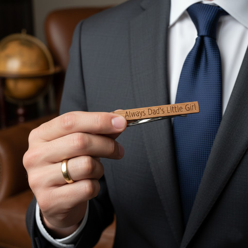 Custom Tie Clip Wood Veneer Personalized Engraving in classic font engraved on the back. Great gift for dads, Father's Day, Retirement, new job or promotion or for your wedding party, dad gift, fathers day gift, gift for dad, gift for him, christmas, groomsman gift, promotion gift, grad gift, graduation gift. anniversary gift