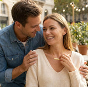 Couple wearing personalized engraved bar necklace, romantic custom jewelry gift for anniversary, Valentine’s Day or meaningful message necklace.