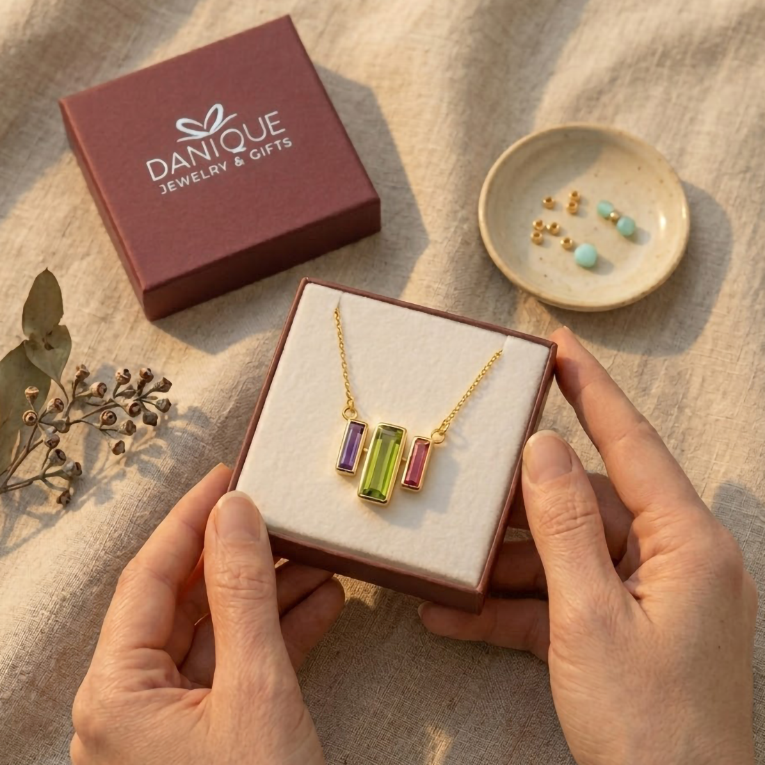 Family birthstone necklace for mom with custom gemstone drops in danique jewelry box