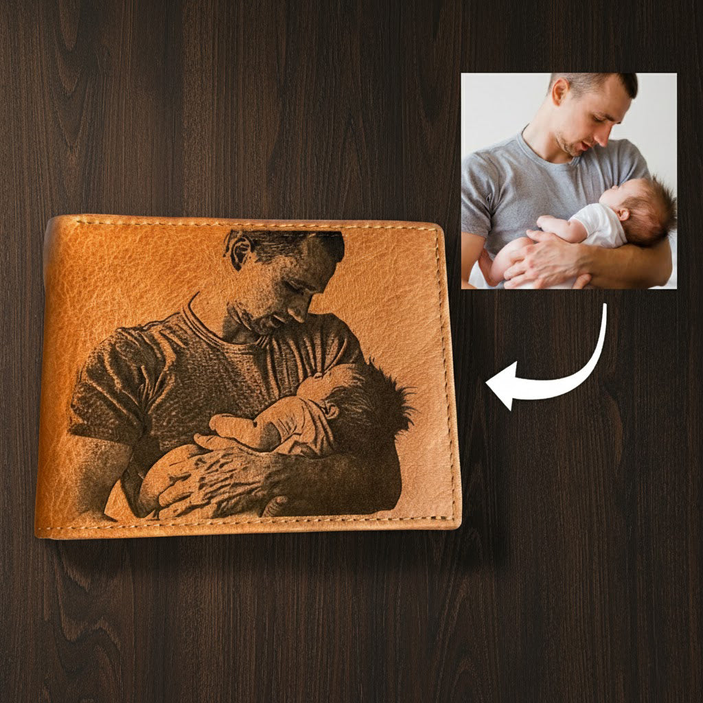 Unique personalized leather wallet with custom photo engraving of a father holding a child, making it a sentimental keepsake gift for men. This engraved wallet is crafted from natural leather and can be personalized with handwriting, initials, or monogram. Perfect custom photo wallet gift for Father’s Day, anniversaries, weddings, or Christmas. A timeless engraved wallet for dad, husband, or grandpa.
