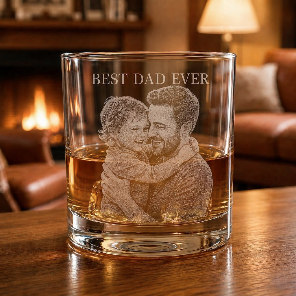 Custom photo engraved whiskey glass with Best Dad Ever text and father child portrait engraving.