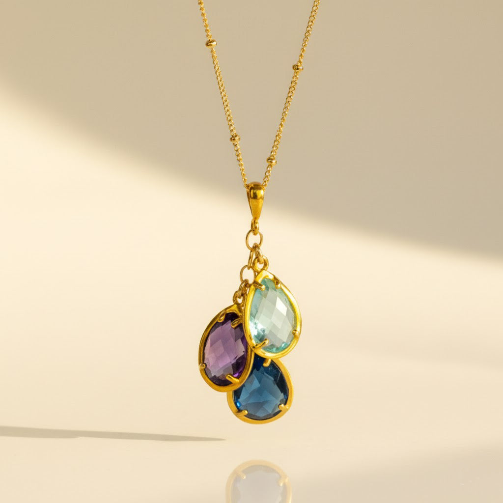 Custom Mother's Birthstone Necklace with Cascading Prong Set Teardrop Gemstones Gold-Filled Chain Vermeil Gold Birthstone Charms with Kyanite, Purple Amethyst, and Sky Blue Quartz