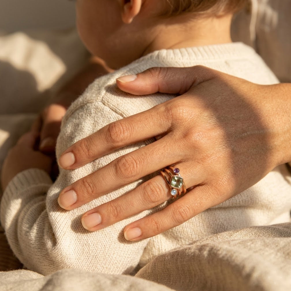 Mixed Shapes Diamond & Tiny Round Stacking Ring Set, Sterling Silver, 18k Vermeil Gold, Birthstone Rings for Mom, Mother's Stackable Rings for Women