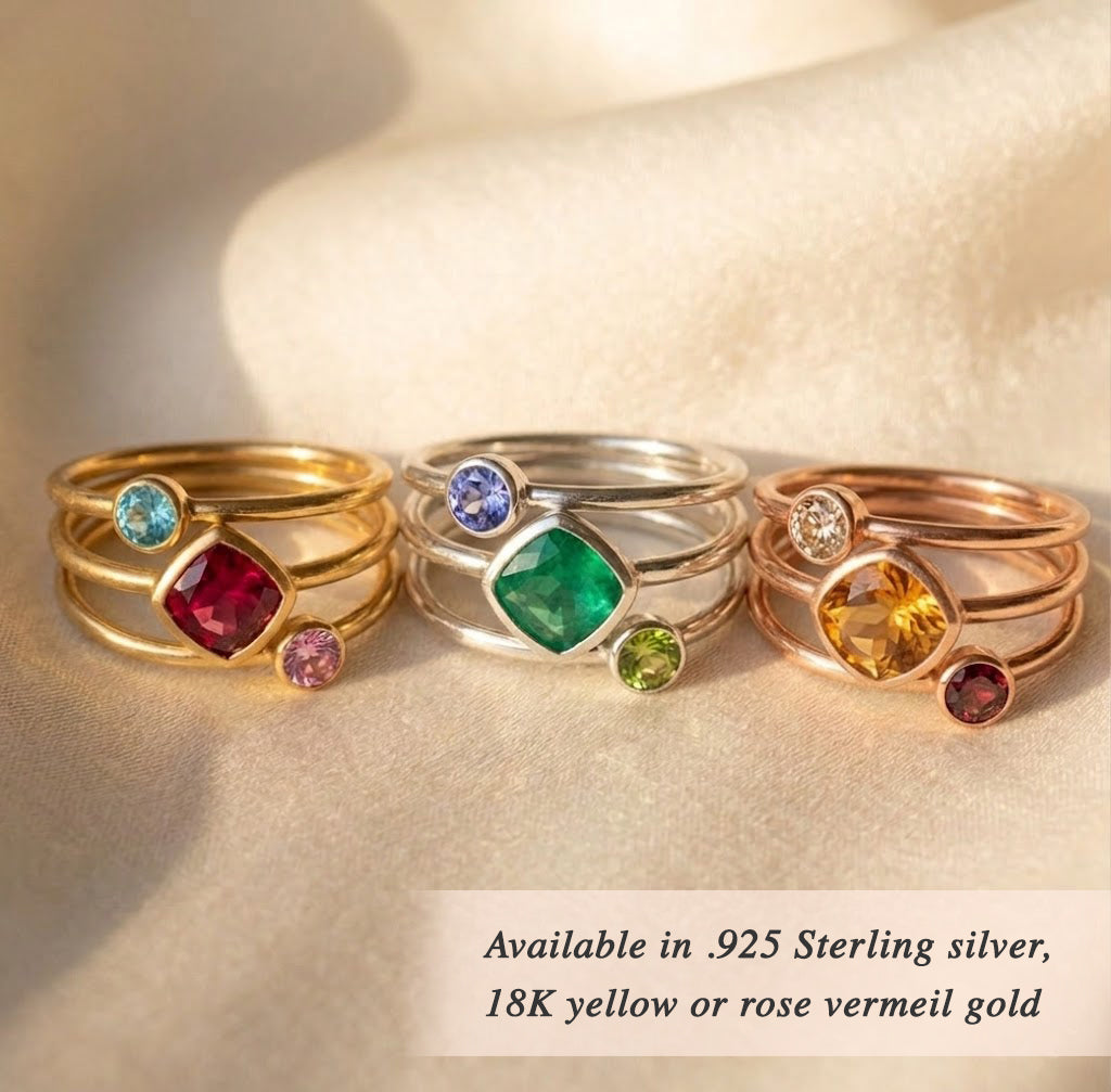 Mixed Shapes Diamond & Tiny Round Stacking Ring Set, Sterling Silver, 18k Vermeil Gold, Birthstone Rings for Mom, Mother's Stackable Rings for Women