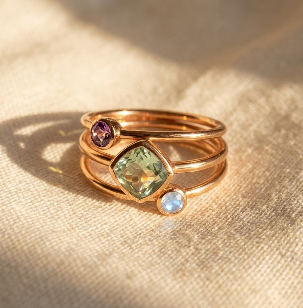 Mixed Shapes Diamond & Tiny Round Stacking Ring Set, Sterling Silver, 18k Vermeil Gold, Birthstone Rings for Mom, Mother's Stackable Rings for Women