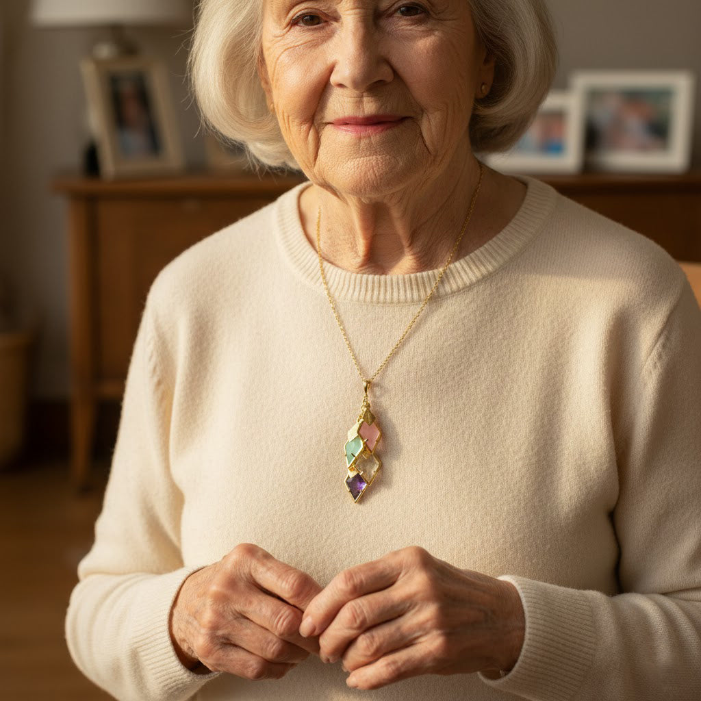 Grandmother wearing custom birthstone necklace with names and gemstones for grandchildren, meaningful family jewelry gift for grandma, personalized generational necklace