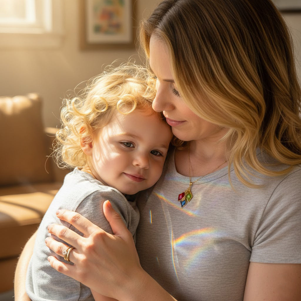 Mom wearing custom birthstone and name necklace with colorful gemstone charms representing children birthstones, sentimental family necklace gift for mom, personalized motherhood jewelry