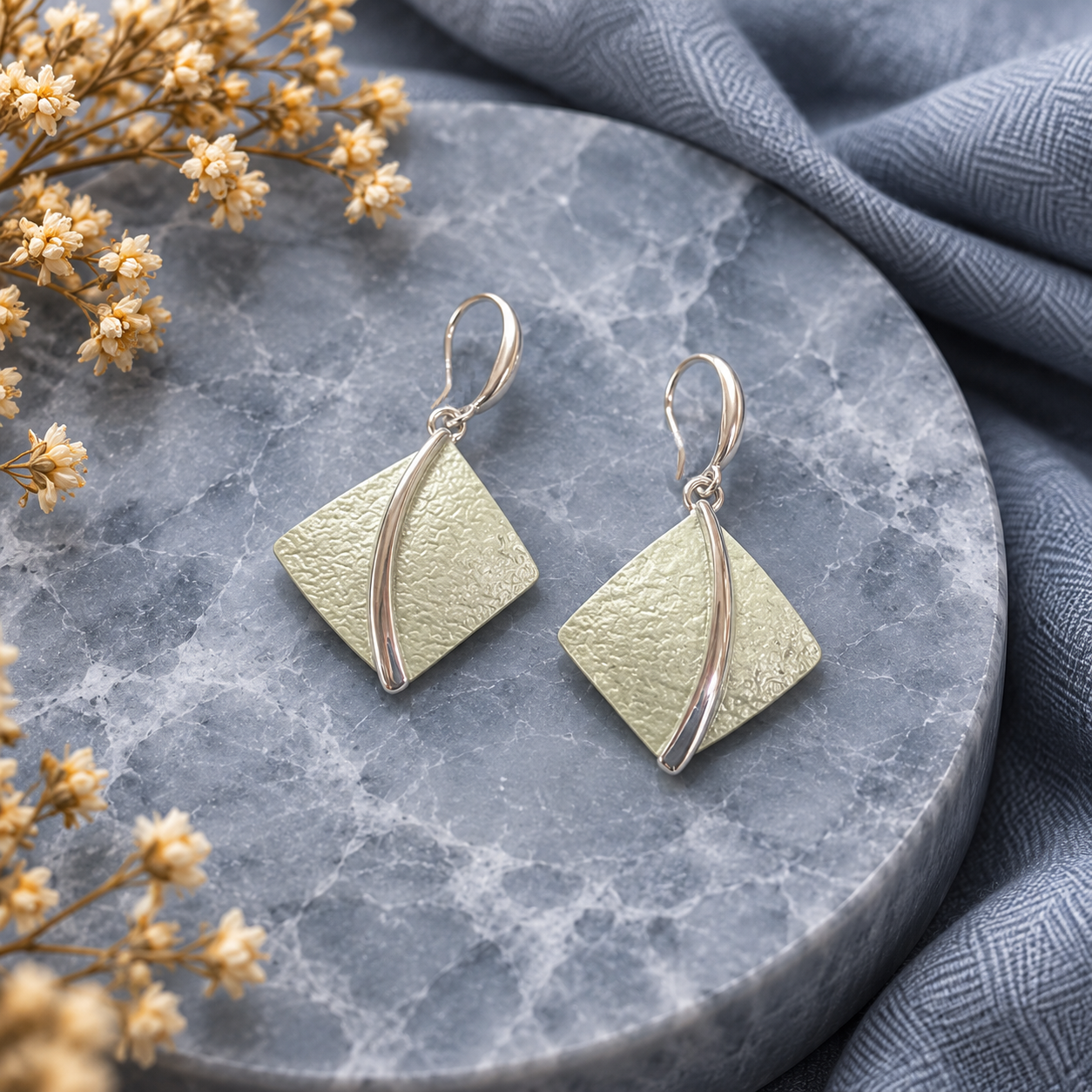 Soft Pearl Sculpted Leaf drop earrings with pearlescent textured finish and rose gold curved accents on gray stone