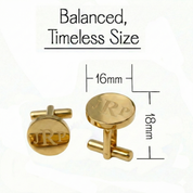 Gold cufflinks with 'JRP' engraving and measurements on a white background. Square personalized metal cufflinks crafted from stainless steel and engraved with a custom monogram, name, or significant date, designed to elevate formalwear while serving as a sentimental keepsake for weddings and milestone events.