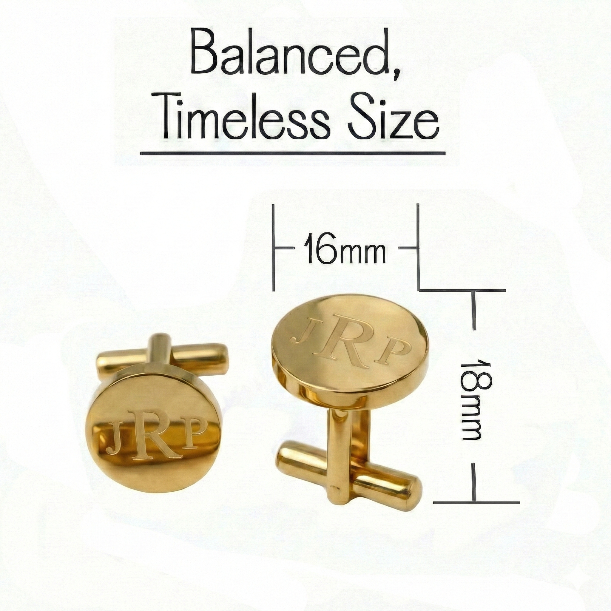 Gold cufflinks with 'JRP' engraving and measurements on a white background. Square personalized metal cufflinks crafted from stainless steel and engraved with a custom monogram, name, or significant date, designed to elevate formalwear while serving as a sentimental keepsake for weddings and milestone events.