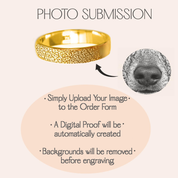 Instruction graphic for photo submission showing how to order a custom dog nose print ring by uploading a clear nose photo, with the promise of a digital proof and background cleanup before engraving, ideal for personalized pet memorial jewelry and remembrance gifts, featuring a polished comfort fit band with outside nose texture engraving and optional inside text, perfect dog mom gift and sympathy gift for pet loss and keepsake jewelry.