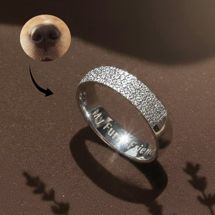 Custom engraved dog nose print ring in sterling silver with textured pet nose pattern and inside message ‘My Furry Friend’, personalized pet memorial jewelry for dog lovers.
