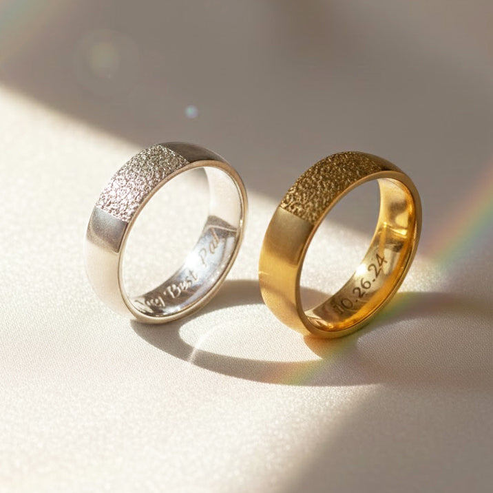 2 dog nose print rings on a log. Dog nose print ring, custom pet jewelry, personalized dog ring, sterling silver, vermeil gold, rose gold, pet memorial ring, engraved pet keepsake, dog lover gift, unique pet ring, dog nose jewelry, custom engraved ring, pet portrait jewelry, dog owner gift