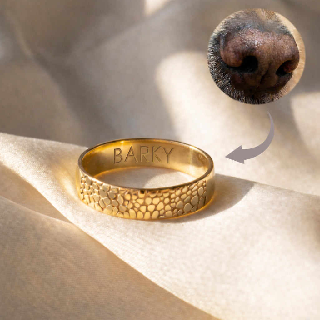 Custom dog nose print ring in gold finish engraved from your pet’s actual nose texture using a photo, shown with a close up nose reference and arrow pointing to the detailed “boop print” pattern, a meaningful pet memorial ring and keepsake jewelry for dog moms, pet lovers, and sympathy gifting, with optional inside engraving for name date or short message, polished comfort band for everyday wear.