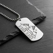 Custom engraved dog tag necklace with mountain design and personalized coordinates, featuring a sleek stainless steel ball chain. This unique travel keepsake jewelry is perfect for adventurers, hikers, or couples marking a special location. Handmade coordinate necklace makes a meaningful gift for him, boyfriend, husband, dad, or best friend to celebrate birthdays, anniversaries, graduations, Christmas or Father’s Day.