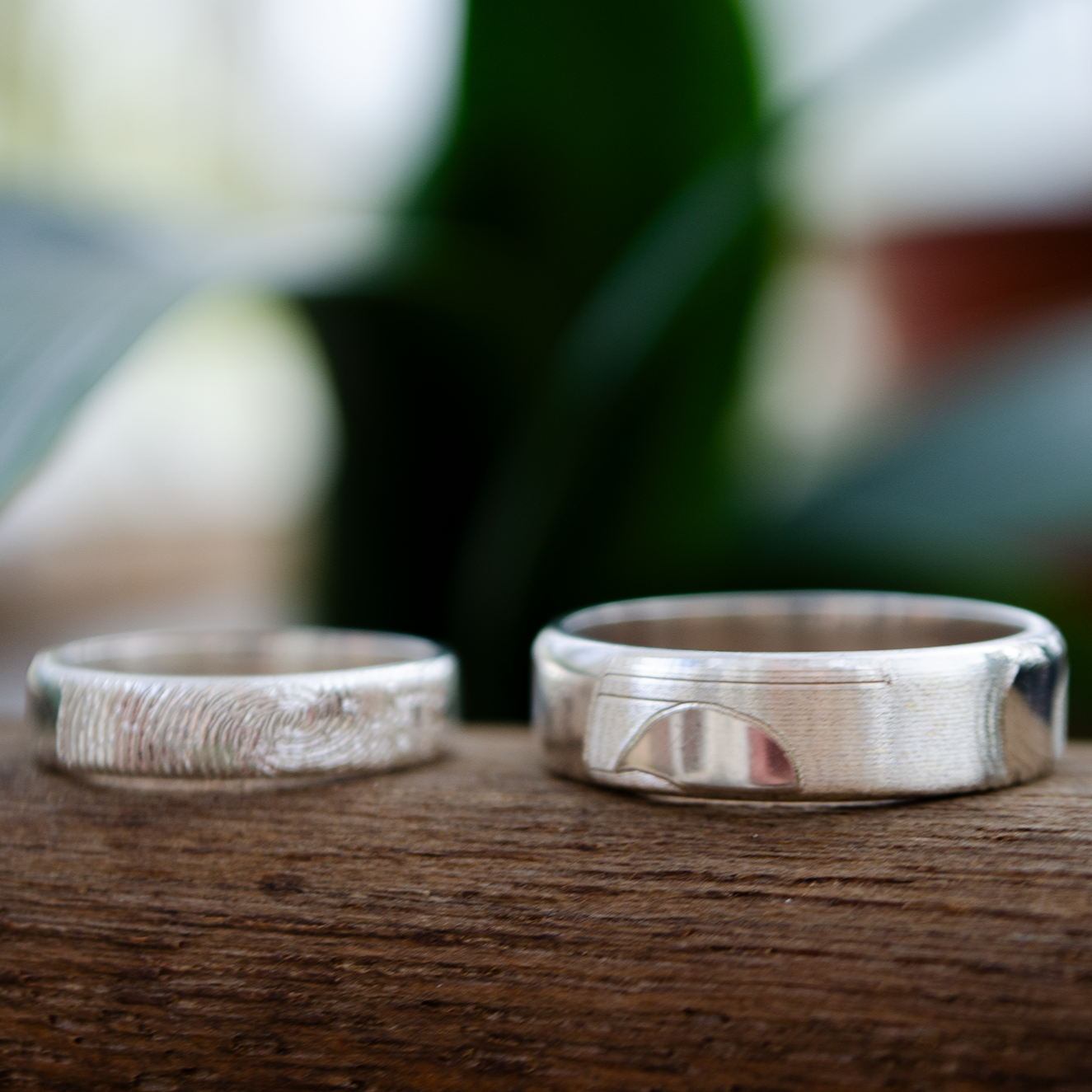 2 dog nose print rings on a log. Dog nose print ring, custom pet jewelry, personalized dog ring, sterling silver, vermeil gold, rose gold, pet memorial ring, engraved pet keepsake, dog lover gift, unique pet ring, dog nose jewelry, custom engraved ring, pet portrait jewelry, dog owner gift