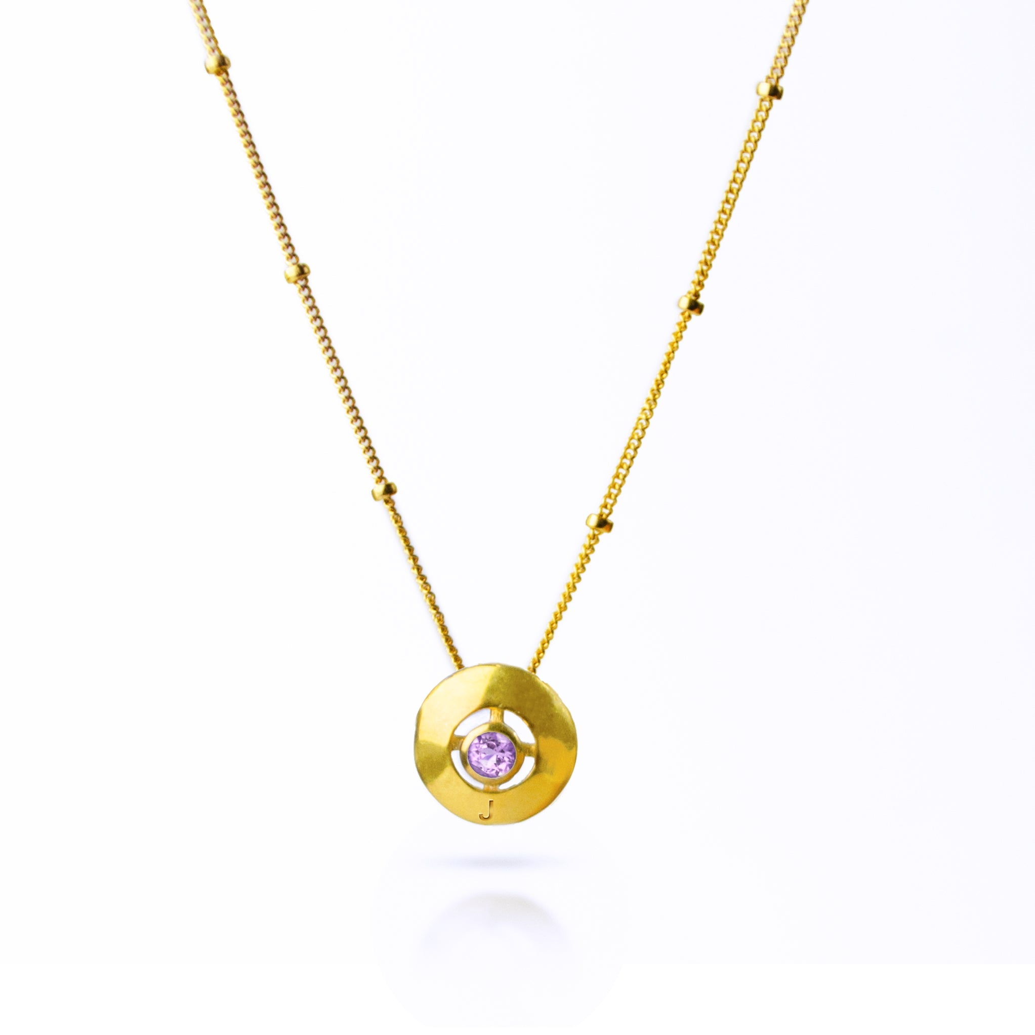 14K Gold Filled Cable Chain with a 18k vermeil gold round circle pendant with a tiny Purple Amethyst birthstone bezel set in the center for a December birthday. Birthstone Pendant Necklace for December, Blue Topaz Pendant Necklace, Dainty February Birthstone