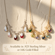 Family tree birthstone necklaces shown in sterling silver and yellow gold with colorful teardrop gemstones.

