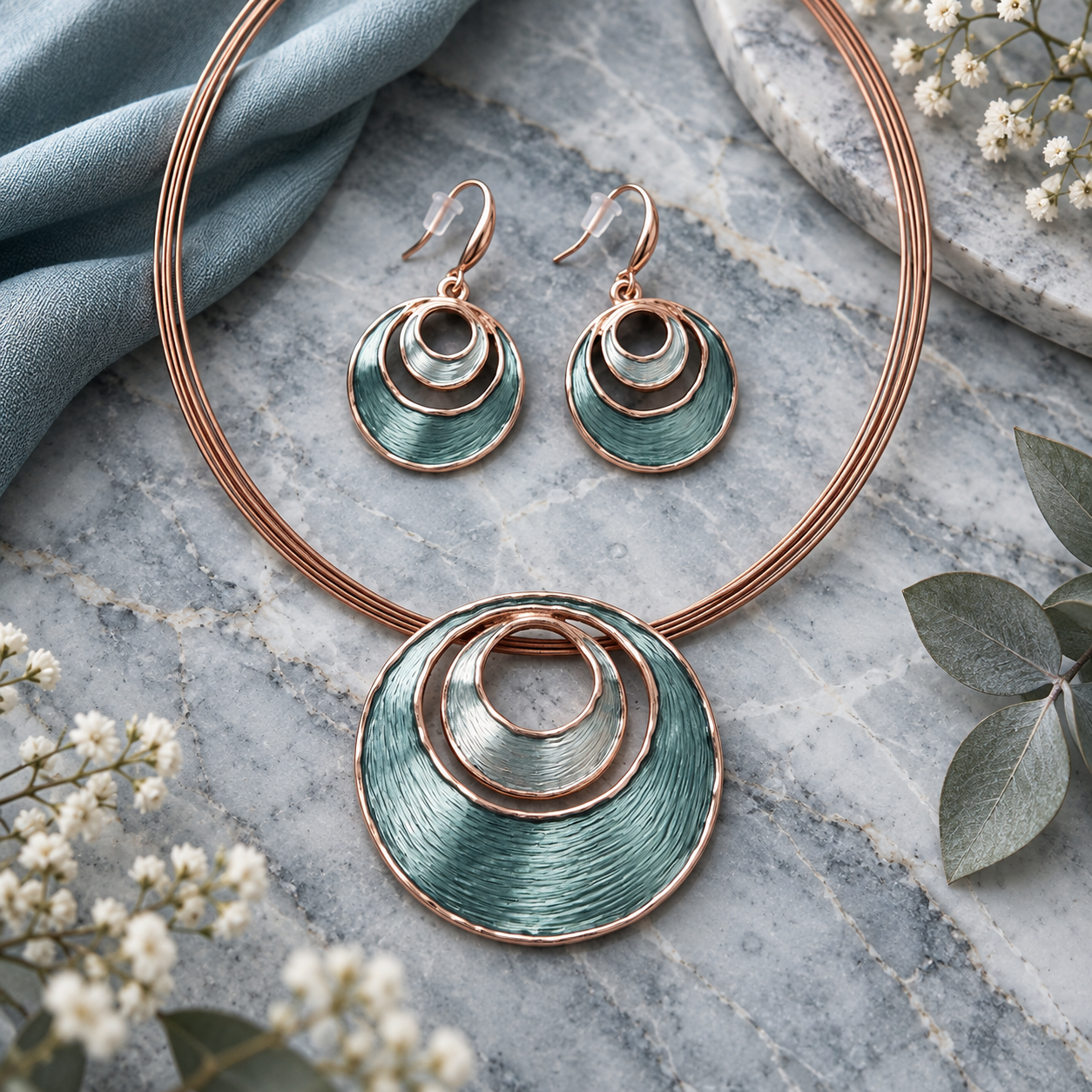 Sea Ice Layered Halo necklace and matching earrings with textured aqua and warm metallic circles on gray stone
