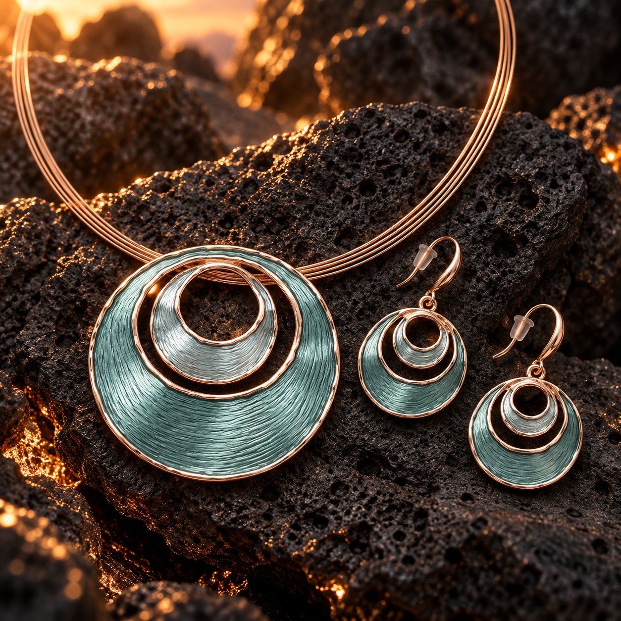 Sea Ice Layered Halo necklace and earrings displayed together on dark textured stone
