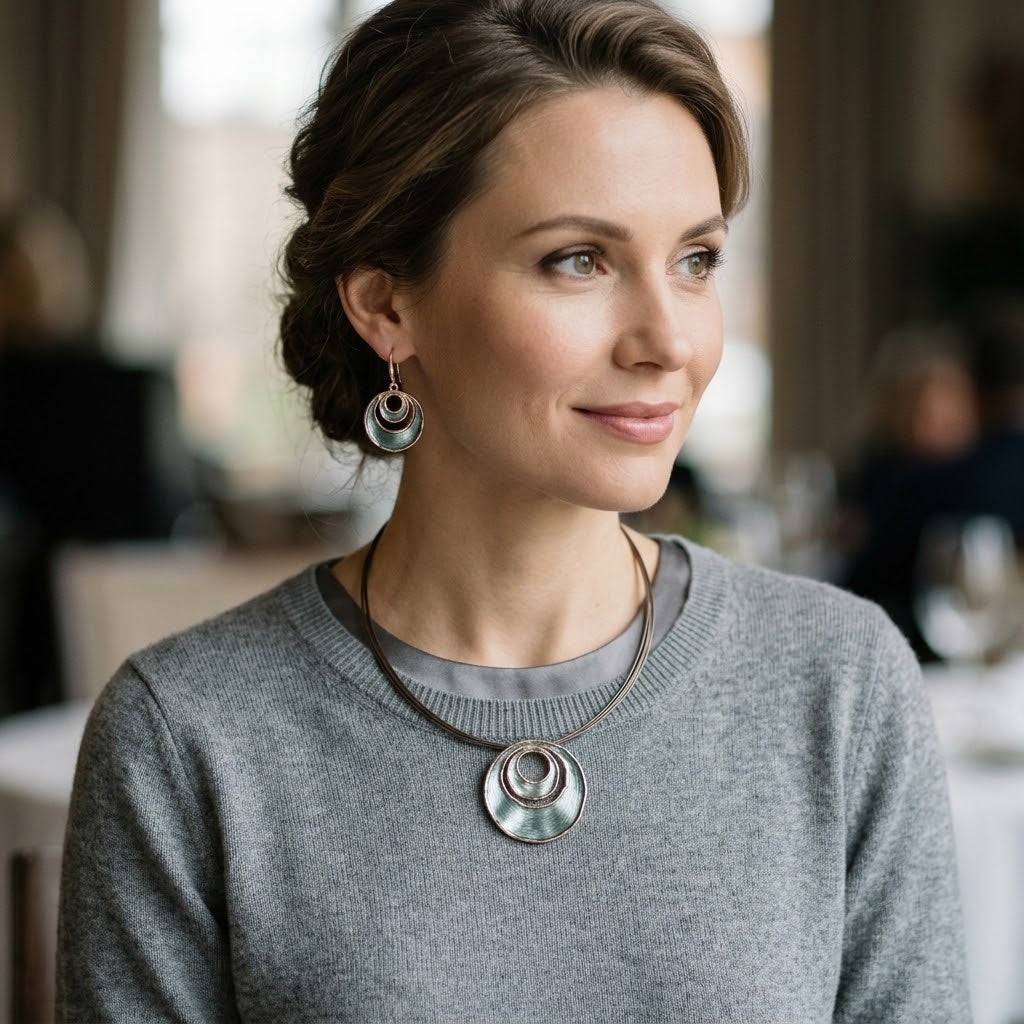 Woman wearing Sea Ice Layered Halo necklace and matching earrings with gray sweater