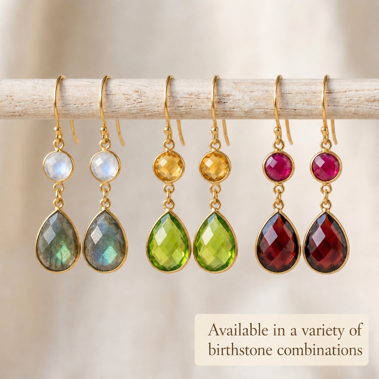 Double drop earrings showing customizable birthstone combinations with 6mm round and 9x13mm teardrop stones.